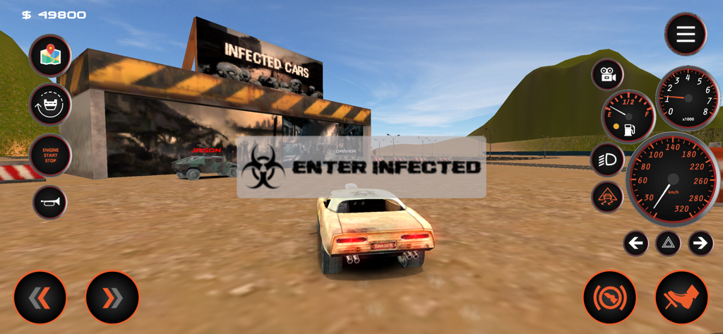 A muscle car parked in front of the Infected Cars game mode entrance in Carshift