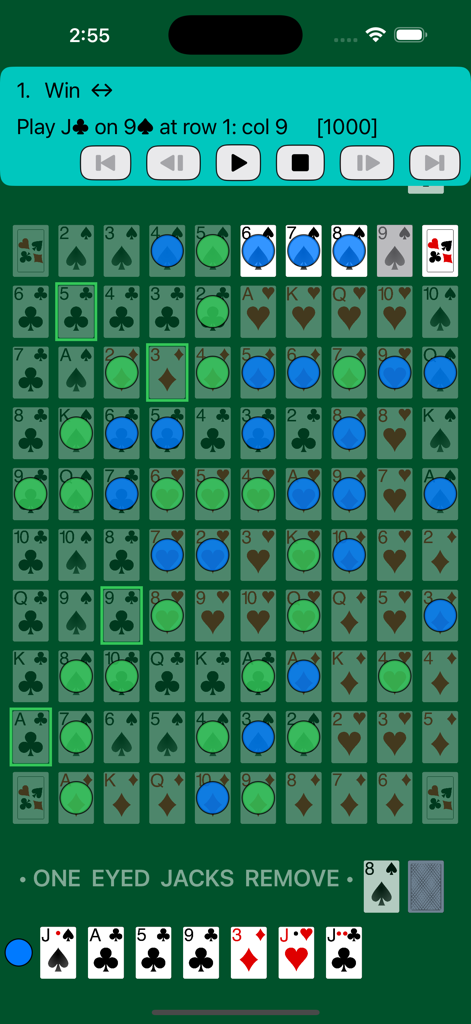Gameplay of Sequence mobile game showing strategy moves on a card grid with blue and green chips