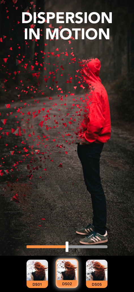 A creative dispersion effect on a photo of a person in a red hoodie using the Motionleap app.