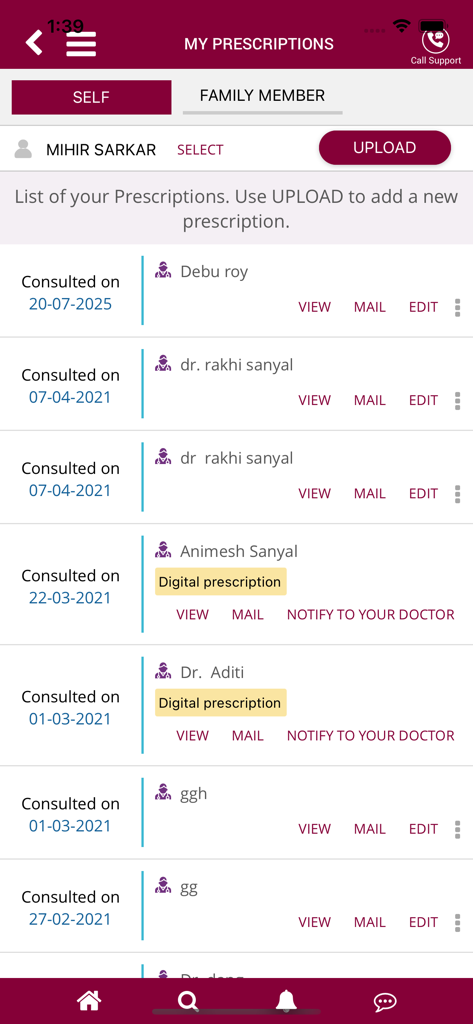 MAMATA Healthcare - Une liste numérique d'ordonnances médicales dans l'application MAMATA Healthcare montrant les dates de consultation et les noms des médecins.