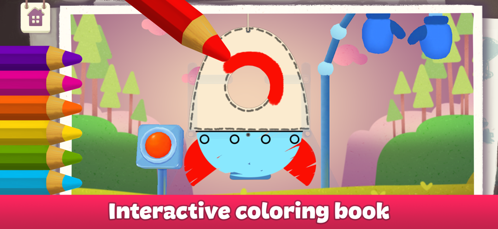 Drawing for Kids and Toddlers - Un niño usa un lápiz rojo para colorear un cohete de dibujos animados en el libro interactivo para colorear para niños pequeños.