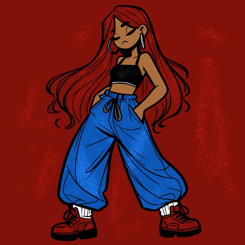 girl in baggy pants crop top and long hair