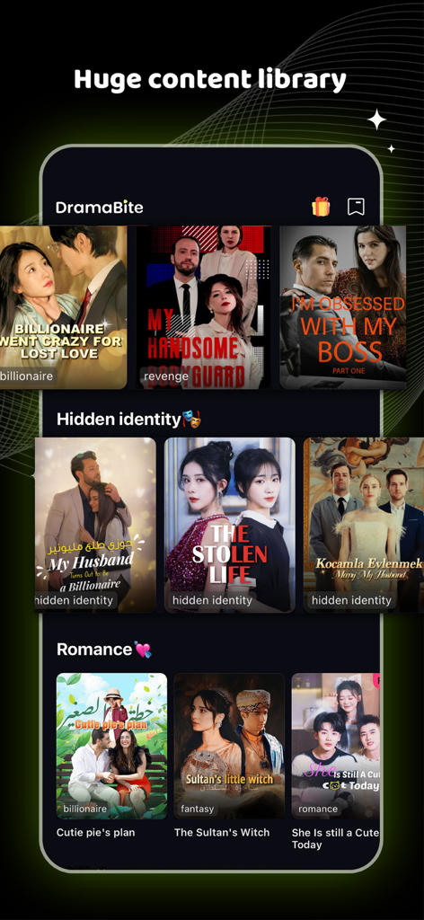 DramaBite-Short Dramas & TV - DramaBite app interface showing various short drama categories including romance and billionaire stories