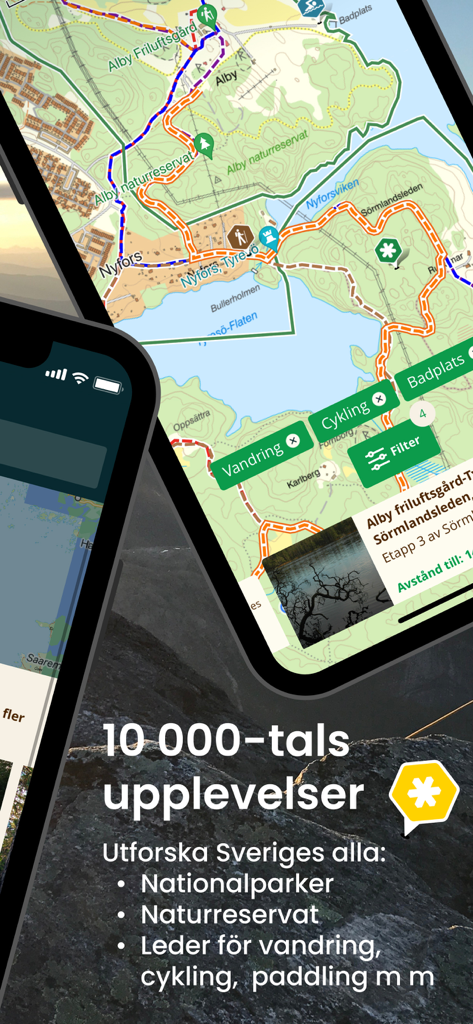 Interface do aplicativo móvel do Naturkartan mostrando um mapa topográfico de uma reserva natural com filtros de trilhas para caminhada e ciclismo.