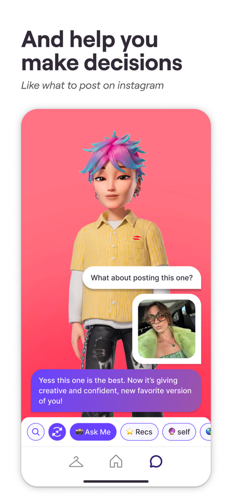 El avatar de IA de Genies brindando consejos sobre qué foto publicar en Instagram a través de una interfaz de chat.