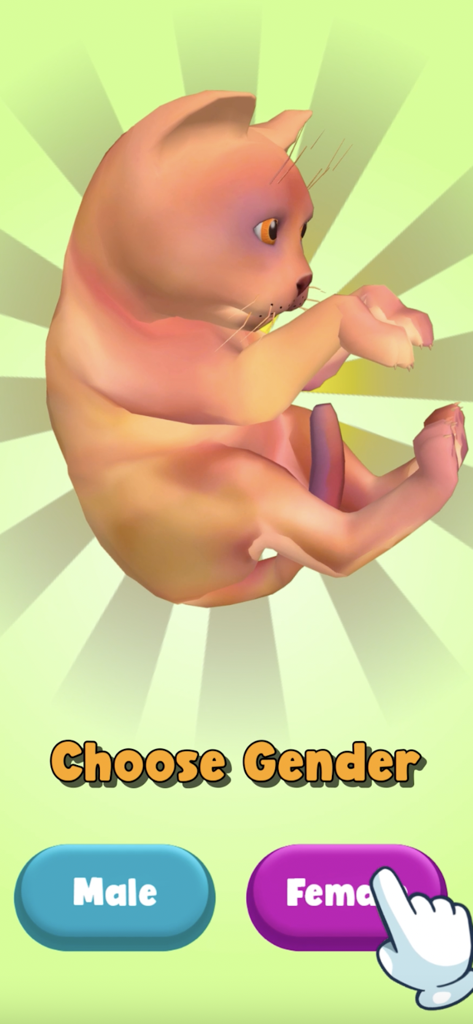 Un gatito atigrado naranja 3D en una pantalla de selección de género con botones de Hombre y Mujer.
