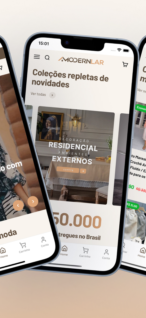 Modernlar - Aplicativo de compras Modernlar exibindo coleções elegantes de decoração e moda em um dispositivo móvel.