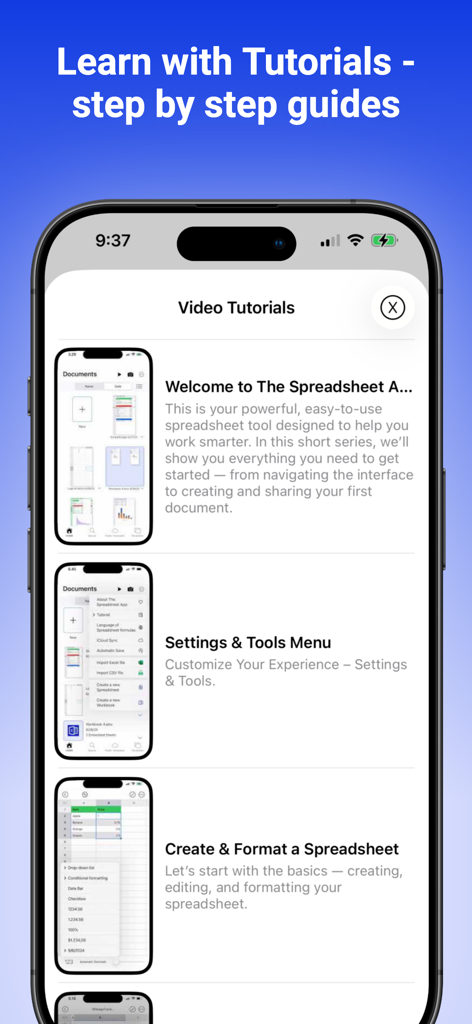 iPhone screen showing video tutorials and step-by-step guides for using The Spreadsheet App
