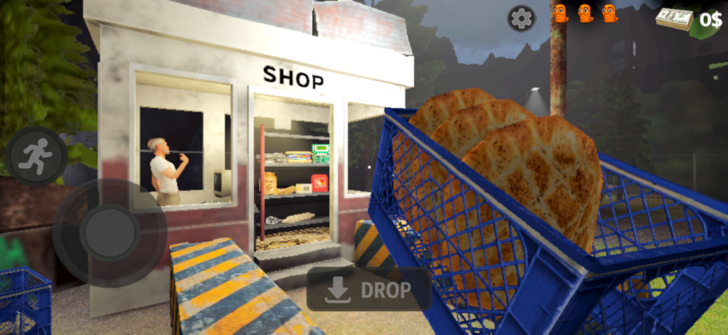 First person view of a player carrying a crate of Ramadan bread toward a shop in the game Tung Tung Sahur
