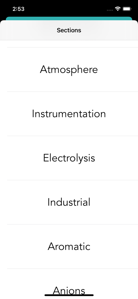 Leaving Cert Chemistry 2025 - A list of study topics in the Leaving Cert Chemistry app including Atmosphere and Electrolysis