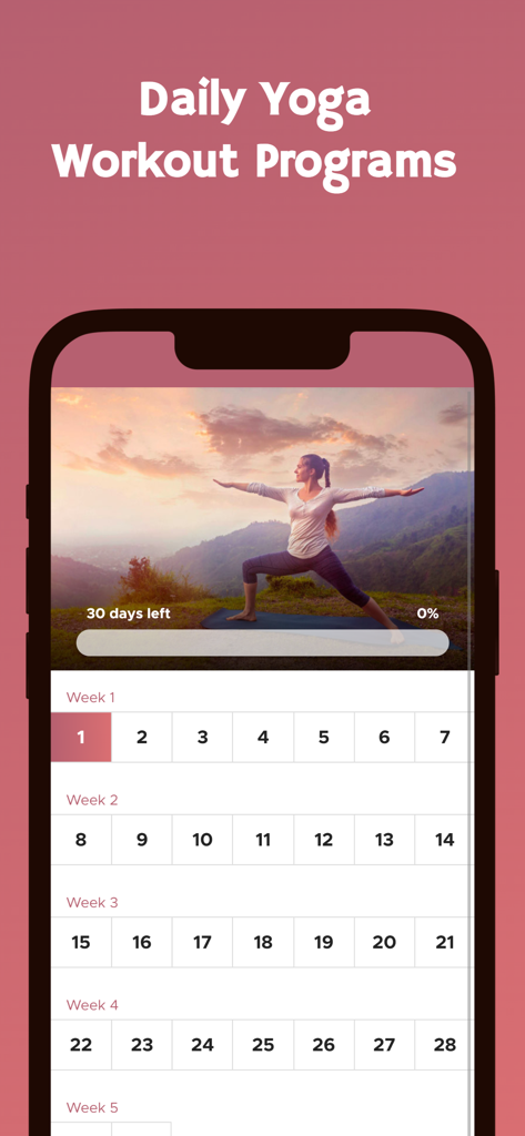 Smartphone screen showing a daily yoga workout plan with a 30 day weight loss calendar