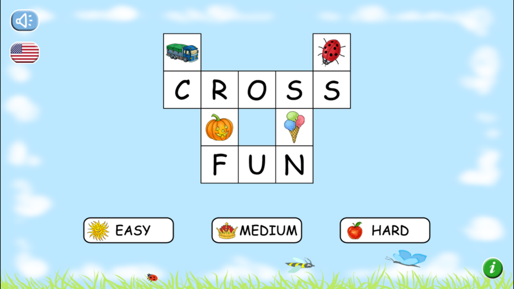 Cross Fun - Main menu of the Cross Fun spelling app showing crossword tiles and difficulty levels for kids.