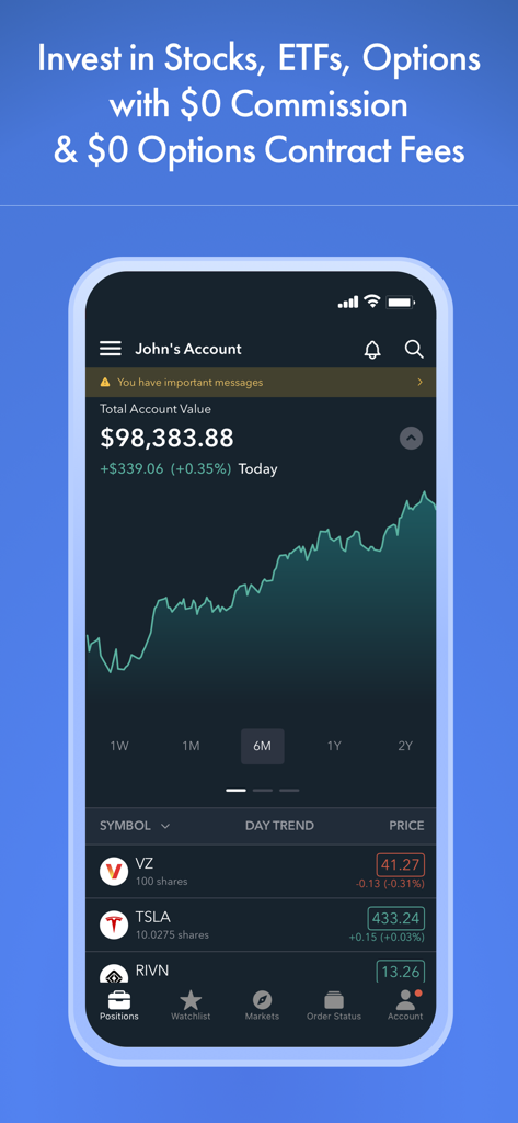 Firstrade: Invest & Trade - Firstrade mobile app screen showing a personal investment portfolio with $0 commission trading for stocks and options.