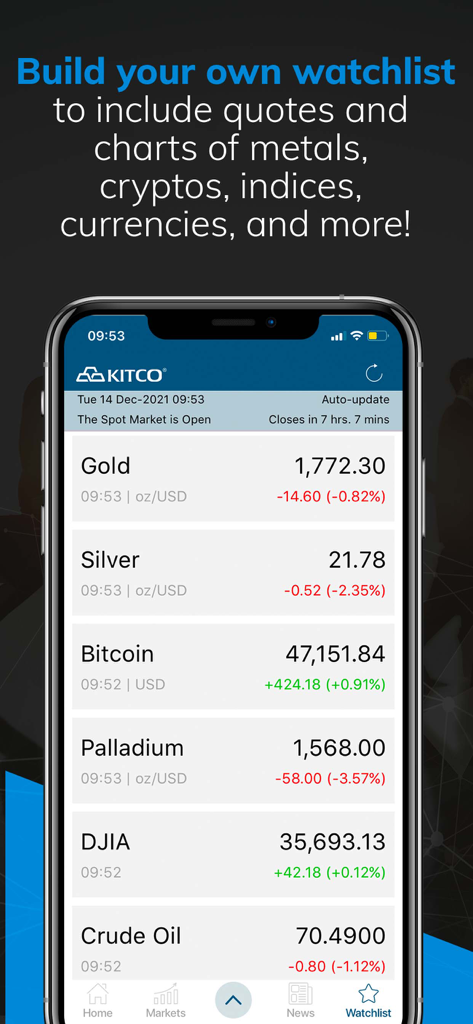 Gold Live app interface showing a customizable watchlist of precious metals silver bitcoin and financial indices