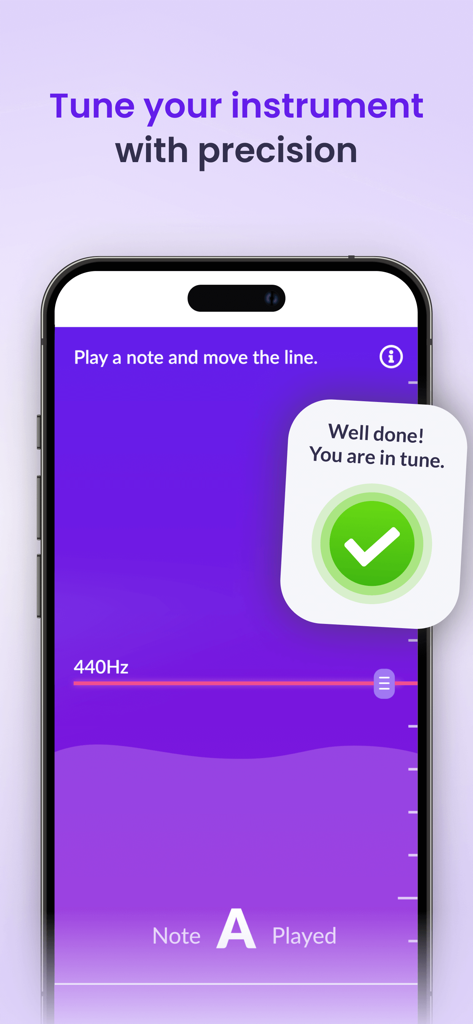 Instrument tuner interface in the tonestro app showing a successful tuning of the note A