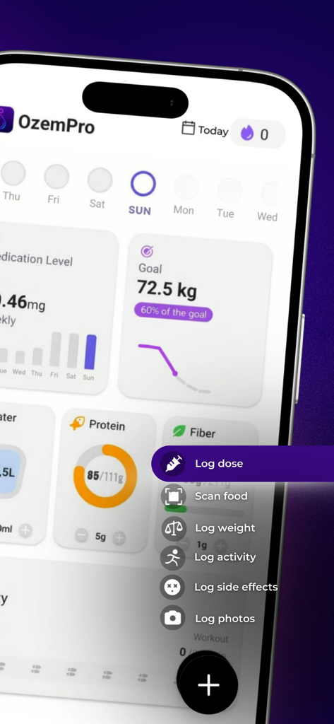 OzemPro: GLP1 Tracker - Panel de la aplicación OzemPro que muestra progreso de peso, seguimiento de nutrientes y un menú para registrar dosis de medicamentos