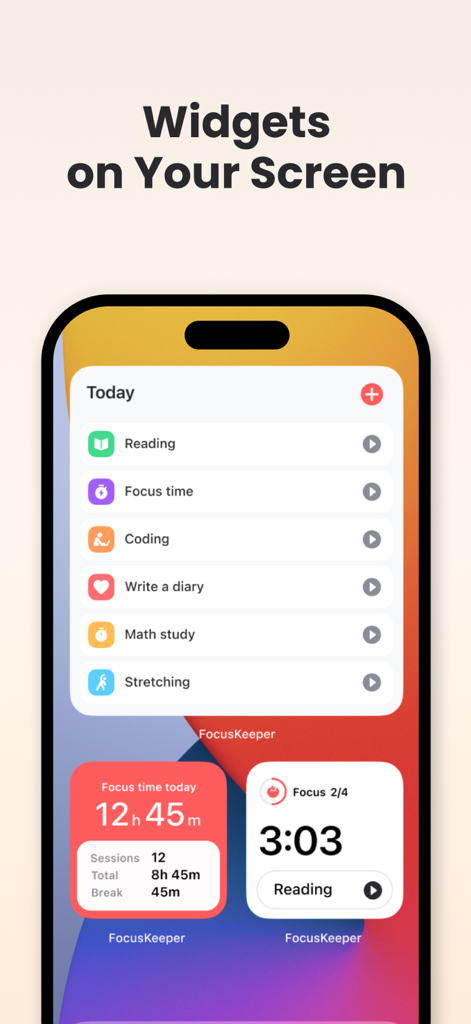 Focus Keeper - Pomodoro Timer - Focus Keeper 앱 위젯, iPhone에서 작업 목록 및 일일 생산성 통계 표시