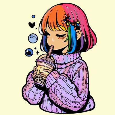 manga girl drinking boba in cozy sweater