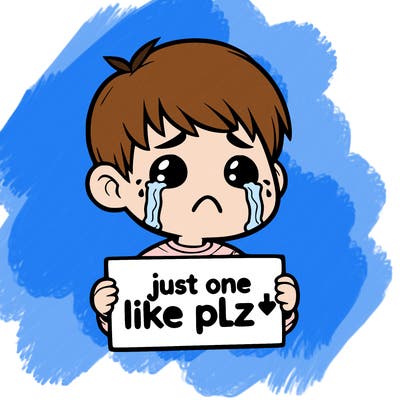 realistic crying boy with a sign saying just one like plz