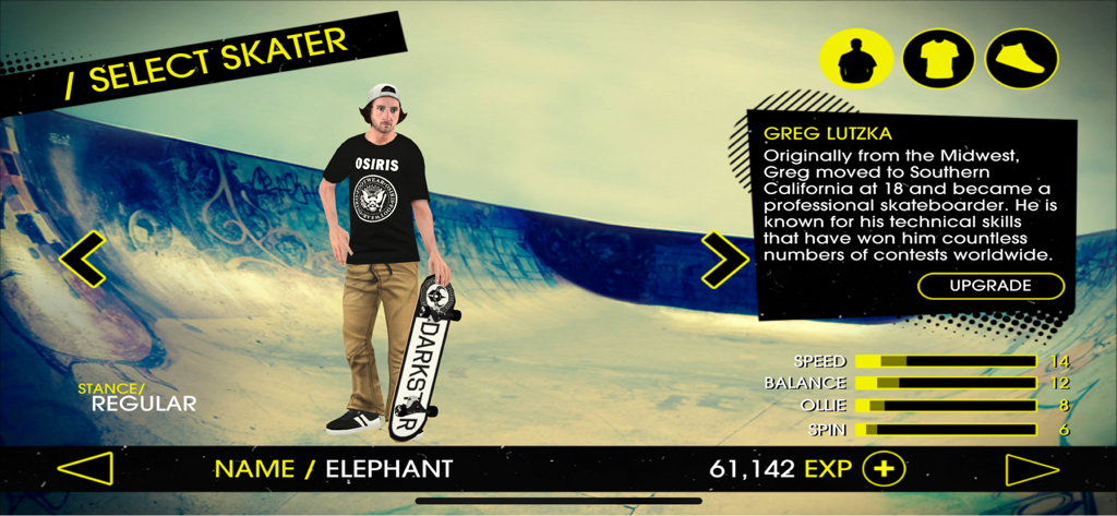 Skater selection screen featuring professional skater Greg Lutzka