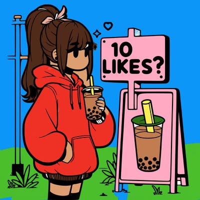 girl with oversized hoodie drinking boba and she has a high ponytail with a sign that says 10likes?