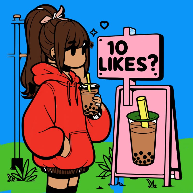 girl with oversized hoodie drinking boba and she has a high ponytail with a sign that says 10likes?