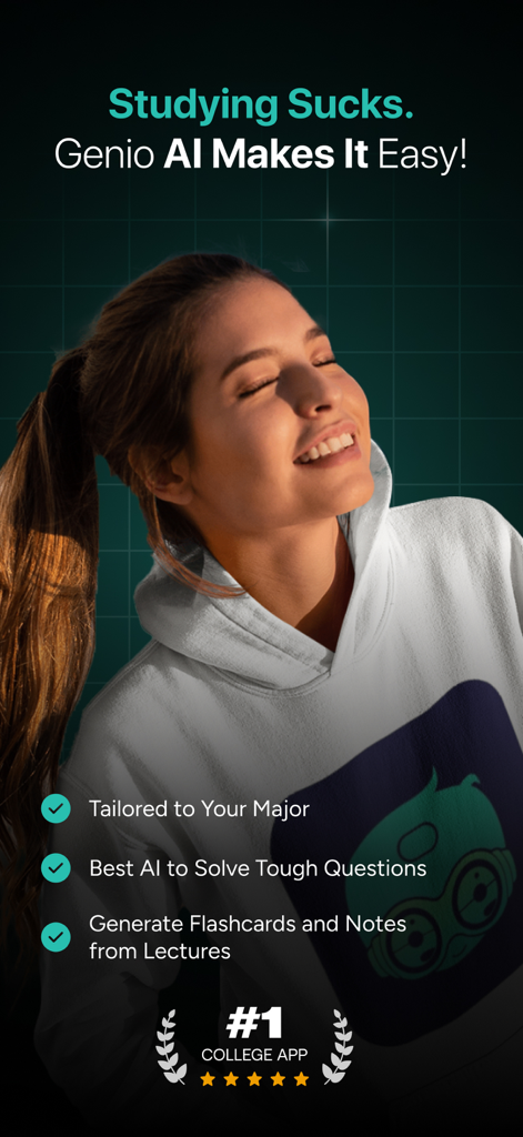 Genio AI: College Smart Tutor - Um estudante universitário feliz sorrindo enquanto usa o aplicativo Genio AI para facilitar os estudos.