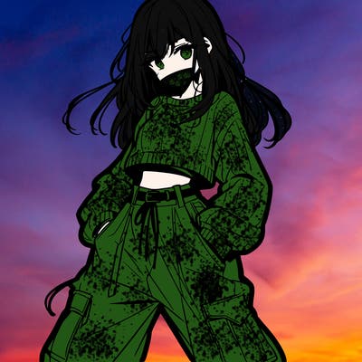 anime teen girl with baggy pants and crop top with sweater