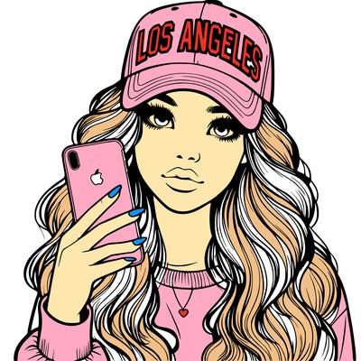 realistic beautiful girl wearing los ángeles cap holding an iphone