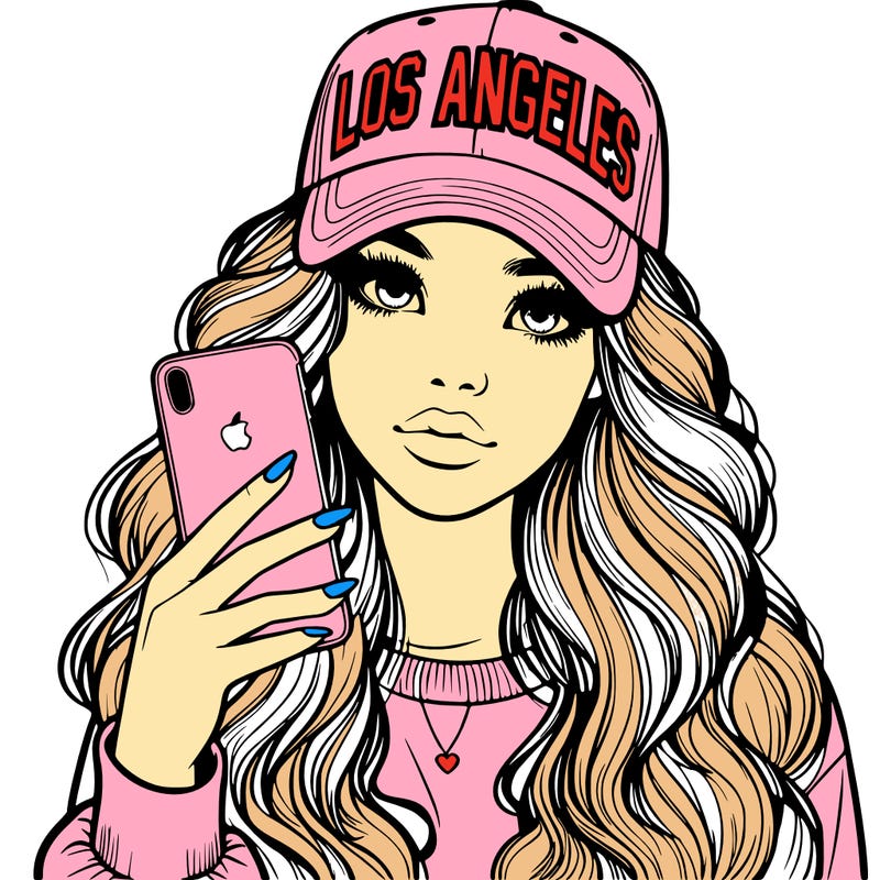 realistic beautiful girl wearing los ángeles cap holding an iphone