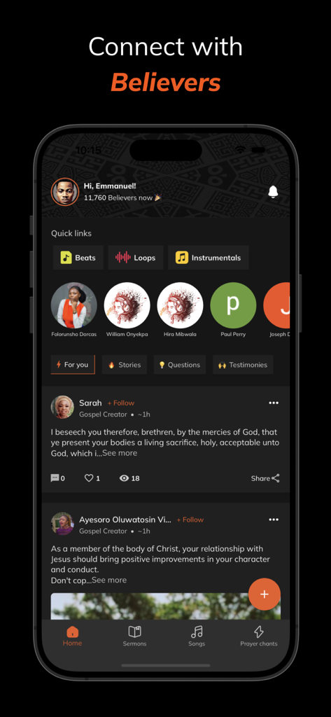 Spirit Nerds - Spirit Nerds app interface showing a social feed to connect with Christian believers and gospel creators.