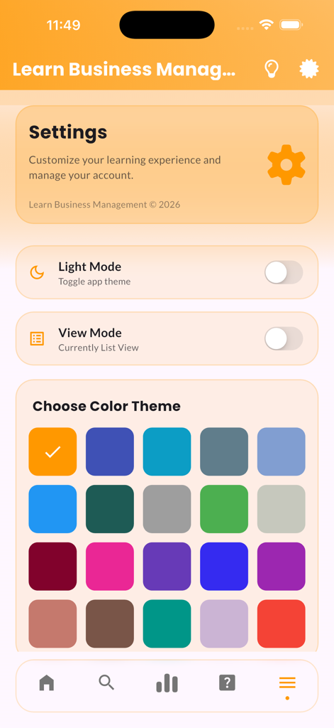 Learn Business Management - Settings screen of the Learn Business Management app showing light mode toggle and color theme selection options