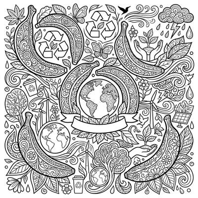 Dive into environmental mindfulness with this stunning Earth Day coloring page designed for adults. Featuring beautifully patterned bananas interwoven with symbols of sustainability, it's perfect for a relaxing and educational artistic escape.