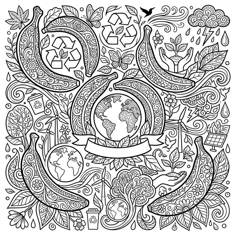 Dive into environmental mindfulness with this stunning Earth Day coloring page designed for adults. Featuring beautifully patterned bananas interwoven with symbols of sustainability, it's perfect for a relaxing and educational artistic escape.