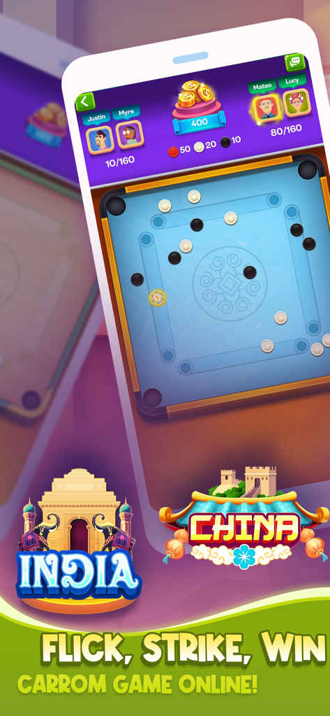 Carrom Clan - Interfaz del juego de mesa multijugador online Carrom Clan con avatares de jugadores y puntuaciones