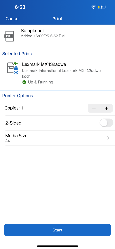 Xerox Workplace app interface displaying document print settings for a selected printer