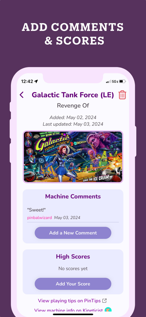 A mobile app interface of Pinball Map showing Galactic Tank Force machine details with options to add comments and high scores