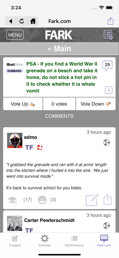 Hey! on Fark.com app displaying a humorous news headline with user comments and voting options.