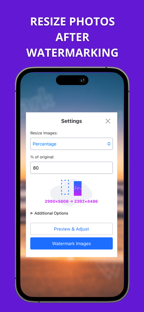 Watermarkly ― Watermark Maker - Interface showing settings for resizing photos after watermarking in the Watermarkly app.