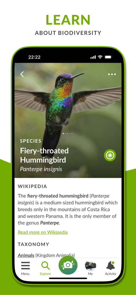 iNaturalist - Una pantalla móvil de la aplicación iNaturalist que muestra el perfil de la especie de Colibrí Gorjifiery con información de Wikipedia y taxonomía.