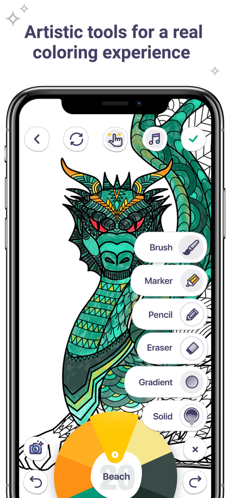 Coloring Book for Me - A smartphone screen showing the Coloring Book for Me app interface with various artistic tools and a color palette while coloring a dragon