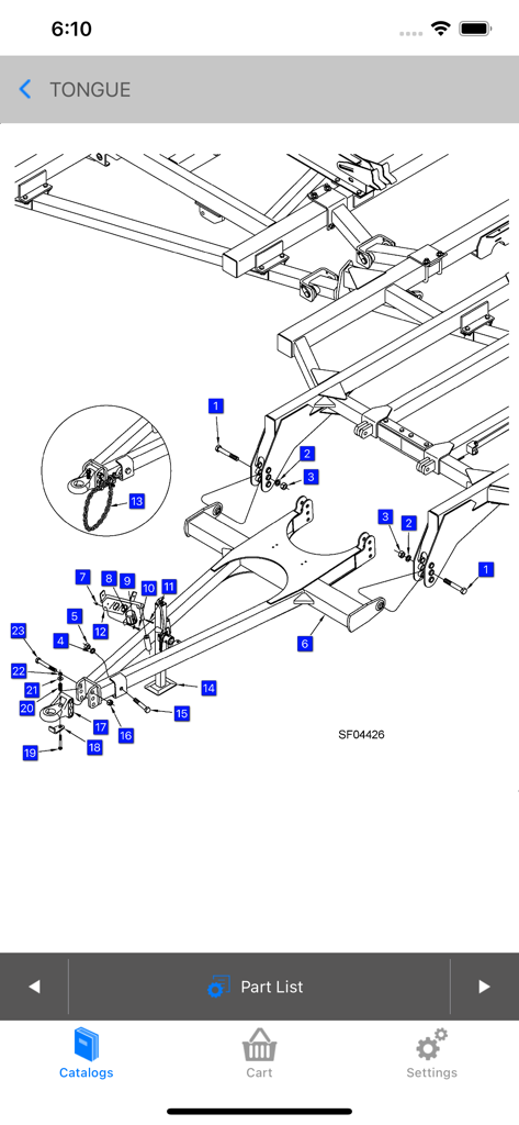 Exploded view drawing of machinery parts with numbered labels in the AGCO Parts Books To Go app