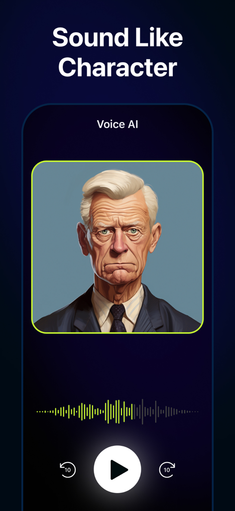 Interfaz de la app Yapper AI Voice Changer que muestra el perfil de voz de un personaje y controles de audio
