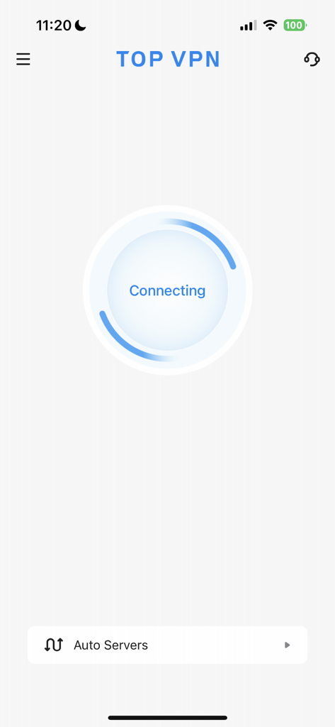 TOP VPN - Easy Fast Secure - Interfaz de la aplicación TOP VPN mostrando el estado de conexión con una animación circular azul