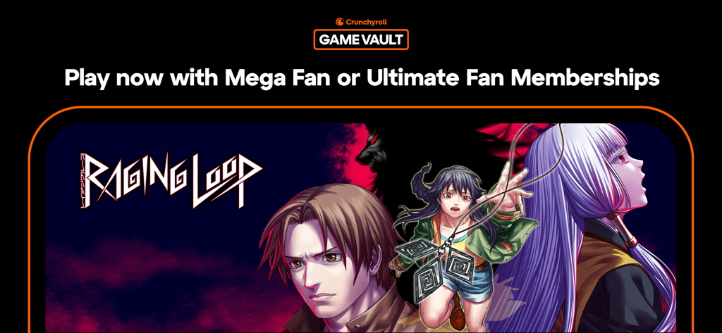 Crunchyroll: Raging Loop - 메가 팬 및 얼티밋 팬 회원을 위해 크런치롤 게임 볼트를 통해 제공되는 레이징 루프 프로모션 배너