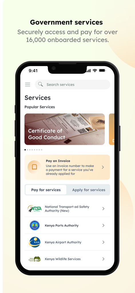 eCitizen Gava Mkononi - Smartphone screen showing the eCitizen Gava Mkononi app with various Kenyan government services and agencies listed.