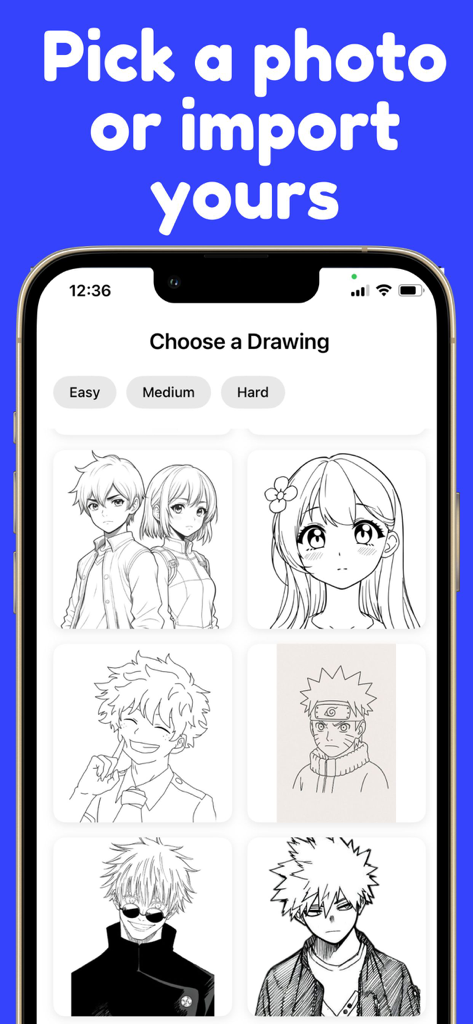 How to Draw - AR Drawing - AR drawing app screen showing anime character sketches for tracing.