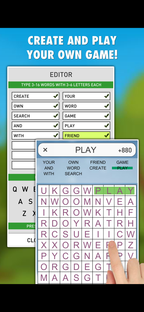 Word Search Daily PRO - Interface showing the editor to create custom word search puzzles and a hand playing a generated game