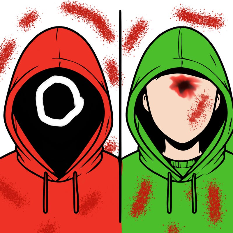 a person with a hoodie and no face, the drawing is split in 2