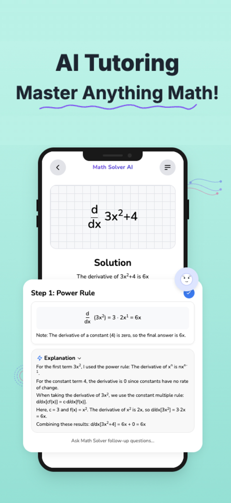 Math AI: Photo Math Solver AI - Math AI app interface showing a step-by-step derivative solution for a calculus problem using the power rule